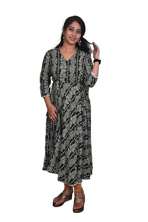 SHRUSTI Navy Blue Stripes Semi Umbrella Rayon Kurti Elbow Hands, Round Neck Ethnic Wear Kurti/Kurta for Women & Girls Navy Blue Stripes Semi Umbrella Rayon Kurti Elbow Hands, Round Neck