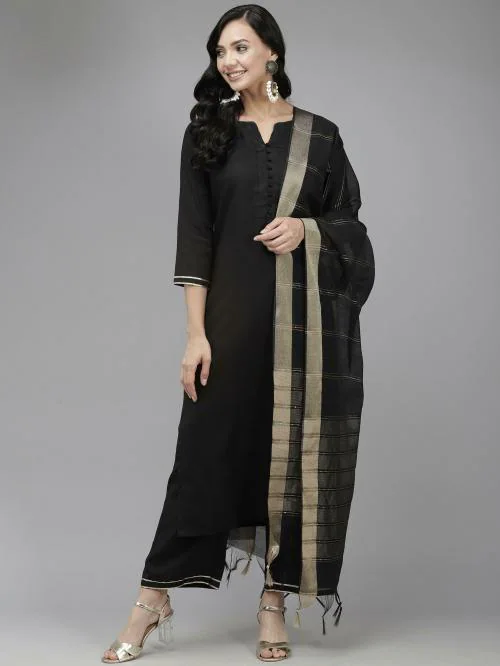 Indo Era Black Solid Straight Kurta Palazzo With Dupatta Set