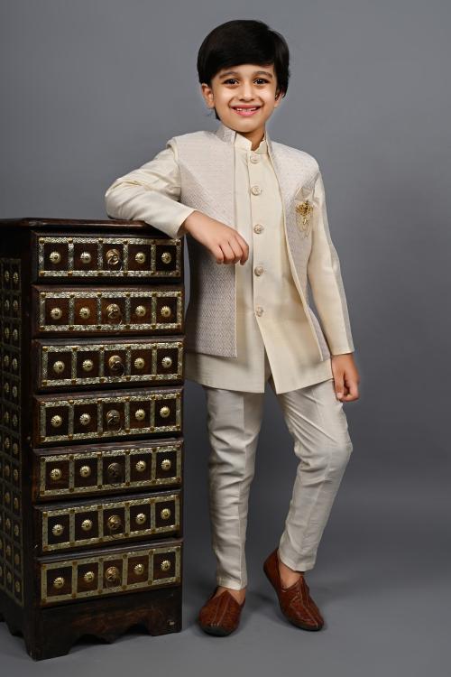 Ahhaaaa Kids Ethnic Silk Blend Zari Work Indo-Western Sherwani Set for Boys