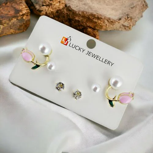 LUCKY JEWELLERY Fashion 3 Pairs Combo Set Of Latest Earrings Trendy Pearl and Stone Stud Tops Earing Stylish Pink Tulip Flower Bud Ear Lobe Size Pearl Cuff Earring for Women & Girls (90-CHEX-1140-3)
