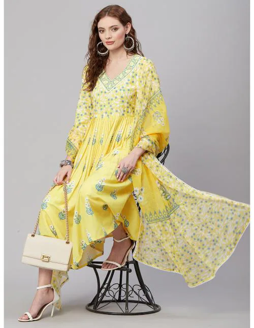 GoSriKi Women's Yellow Ethnic Motifs Printed Anarkali Kurta with Trouser & Dupatta