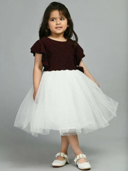 Bella Moda Satin Round Neck Party Wear Fit And Flair Solid Sleeveless Girls Dress Comes With Hairband Wine