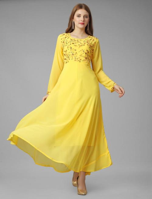 VNEED Embroidered Georgette Gown Kurta Women's Synthetic Empire Maxi Dress Girl's Georgette yellow Gown with Embroidered Work (pack of 1) (size - L)