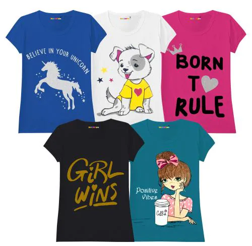 KUCHIPOO Girls Printed Cotton Blend Pack of 5 Tshirts | Tshirt | Kids Wear | T shirt for kids | Girls t tshirts | T shirt for Girls | T shirt | Girl T-shirt | T-shirt Girls