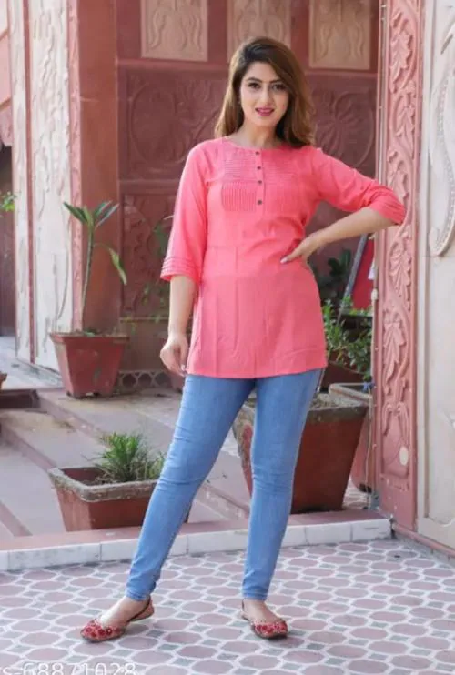 KBYKHUSHII CLOTHING Rayon Regular Tops for Women & Girls/Latest Tops for Jeans/New Design Tops/Daily Wear Tops (Peach-XL))