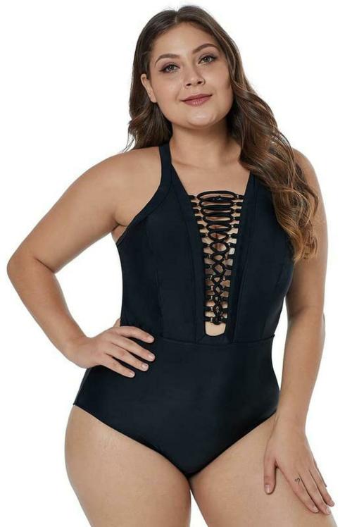 Plus Curvves Solid Black Crisscross Plunge V Neck Plus Maillot Swimwear-3XL