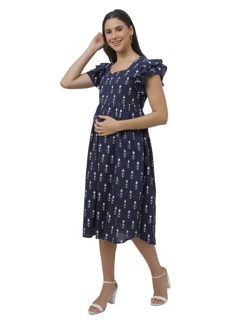 Shipoo 4U Women Navy Blue Floral Print Cotton Square Neck Maternity Dresses With Double Fluttered Sleeves Front Feeding Zip And 2 Side Pockets (L)