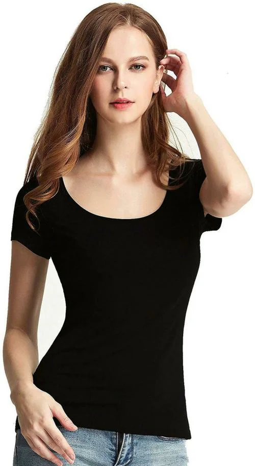 THE BLAZZE Women Black Solid Cotton Blend Round Neck T-Shirt (Extra Small)