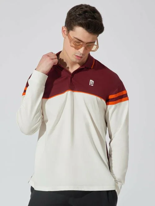 Maniac Mens Color Block Polo Neck Full Sleeve Maroon, White and Orange Cotton Oversized Fit T-Shirt