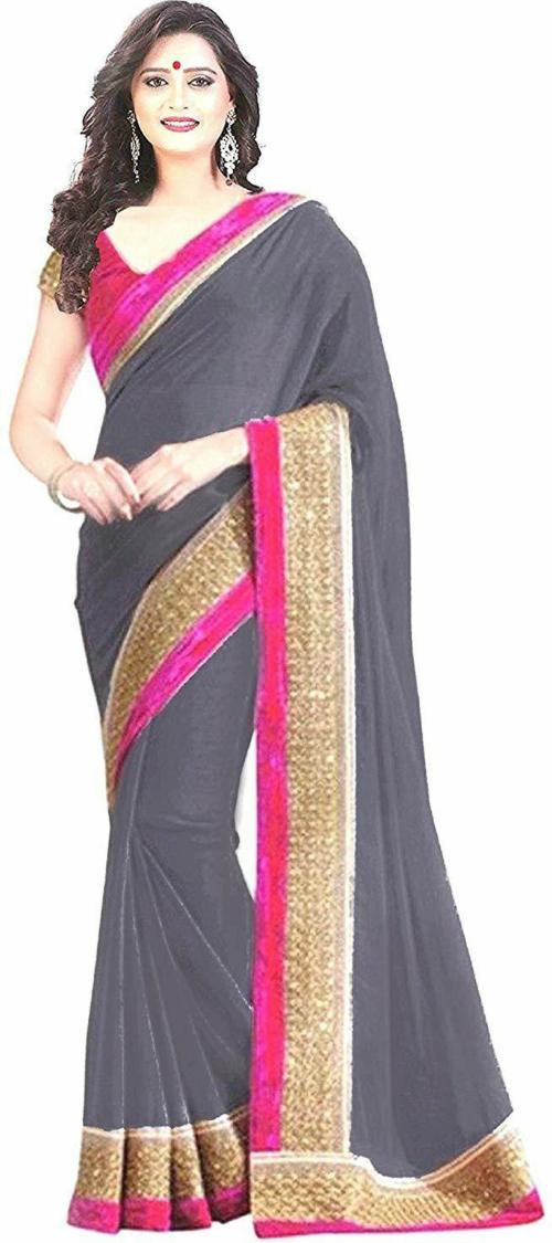 Rofolo Grey Solid Silk Blend Bollywood Saree JioMart