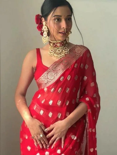 Reeta Fashion Elegant Red Soft cotton spun Butta Work Ready to Wear Sarees With Unstitched Blouse