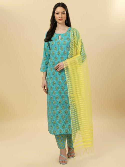 Sun Fashion And Lifestyle Women Light Green Self Design Pure Cotton Kurta, Pant And Dupatta Set (S)