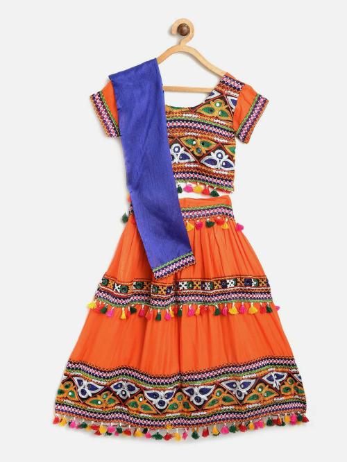 BownBee Girls Orange Embroidered Cotton Lehenga Choli Set