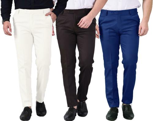 AD & AV Men Coffee Brown Solid Synthetic Pack Of 3 Formal Trousers