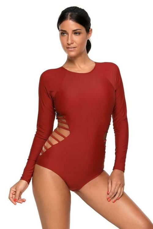 Plus Curvves Red Dark Purple Long Sleeve Strappy Hollow-out One-piece Surf Swimsuit - 2XL Size