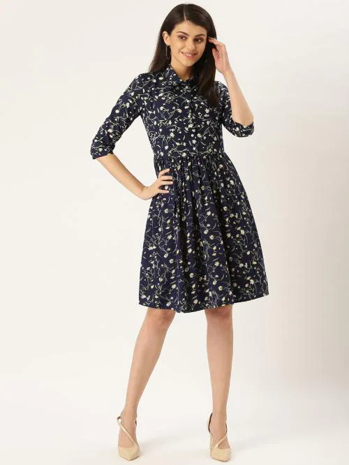Qsmiya Women Navy Floral Printed Gathered Dress