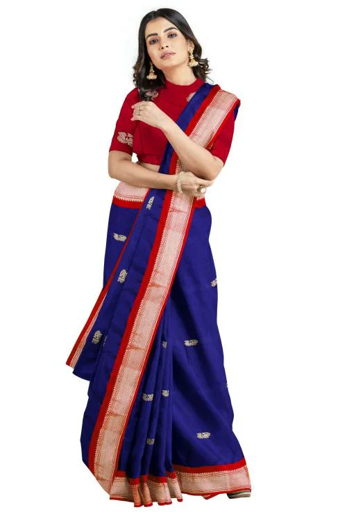 SWIFFIN Designer Cotton Silk Paithani Navy Blue-Red Saree For Women/Women Saree With Unstitched Blouse- PAITHANI-NAVY BLUE-RED