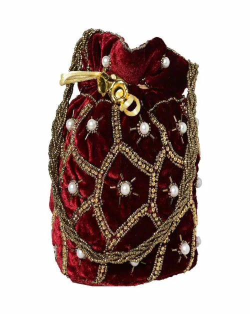 SWASTIKA Potli bag Matka Designer handbags for Women wedding party and Return gift potli bags for party accessories .Outer Golden Embroidered Design