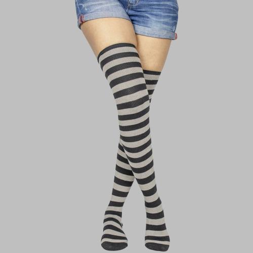 Neska Moda Women's 1 Pair Striped Cotton Thigh-High Stockings (Grey, Black)