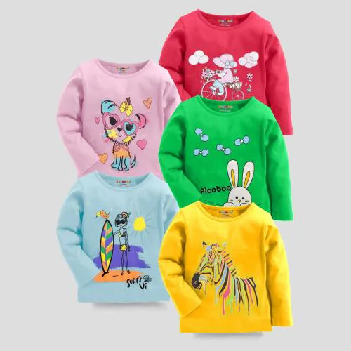 KUCHIPOO Girls Multi Color Printed Cotton Blend Pack of 5 Tshirts | Tshirt | Kids Wear | T shirt for kids | Girls t tshirts | T shirt for Girls | T shirt | Girl T-shirt | T-shirt Girls