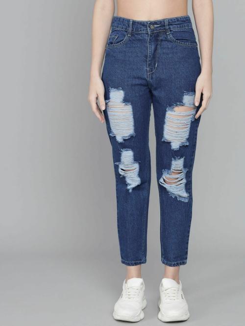 Women single Button rugged Mom fit jeans