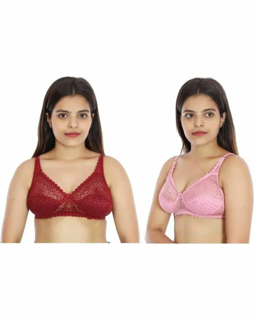KARMUN Maroon Net Non Padded Full Coverage Bra - 36 (Pack of 2)
