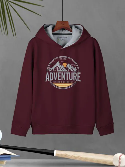 HELLCAT Maroon Printed Cotton Blend Hoodie Sweatshirt For Boys