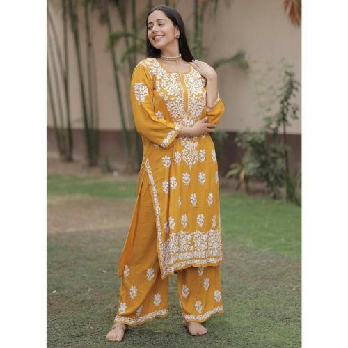 Nxika Women's Reyon cotton Traditional beautiful chikankari Kurta and Palazzo Set (Top plazo -Yellow_L)