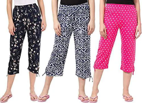 Suman Tex ragini Women Assorted All Over Print Cotton Set Of 3 Nightwear Capris (M)