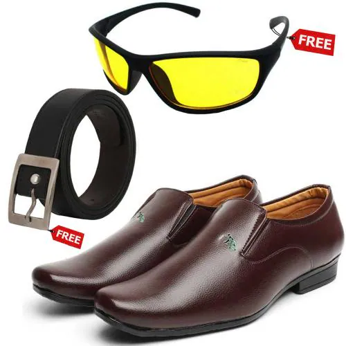 Vitoria Trendy Men's Brown Slip-On Sythetic Leather Formal Shoes With Free Belt & Unisex Sunglasses-10