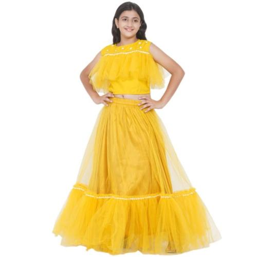 Buy MODISH COURTURE Girls Yellow Net Ruffle Cotton Blend Top and ...