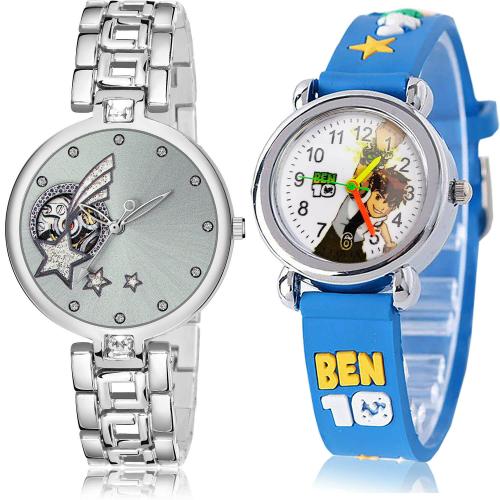 GROOT Latest Party Wedding Star Chain And Ben 10 Kids Silver And Blue Colour Analog Metal And Plastic Belt 2 Watch Combo For Women And Girls - G665-GC96
