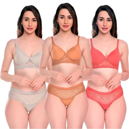 N-KUWARI Women's Cotton Lace Net Honeymoon Lingerie Set | Bra & Panty Set-Grey & Brown &Pink (Pack Of 3)(32B)