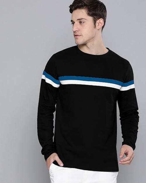 Ausk Men's Black & White Colorblocked Round Neck Full Sleeve Casual T-Shirt
