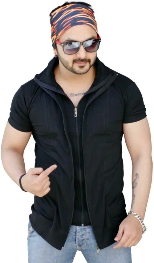 Black Collection Men's Solid Double Zipper Half Sleeve T-Shirt| T shirt for men| Tshirt| Tshirt Men|hoodies for men