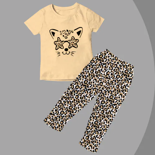 DE TEES Girls Cotton Printed Top and Bottom Set 160GSM_Beige_7-8 Y