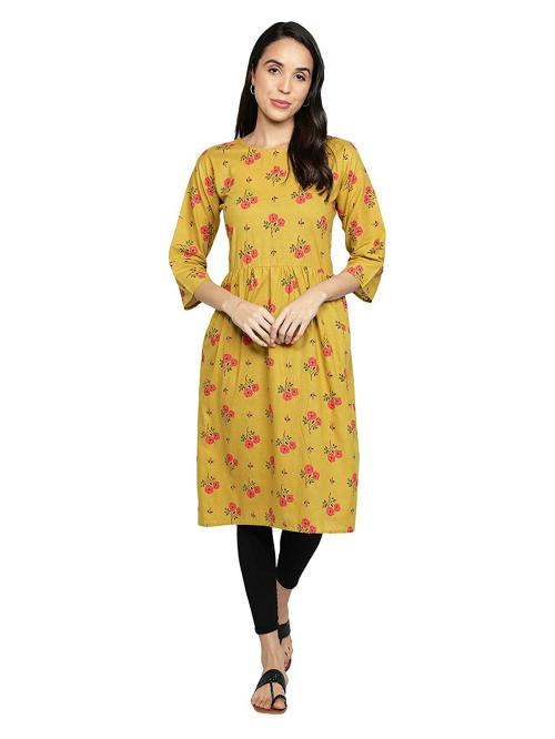 Fabclub Women Yellow Cotton Printed Kurti (M)