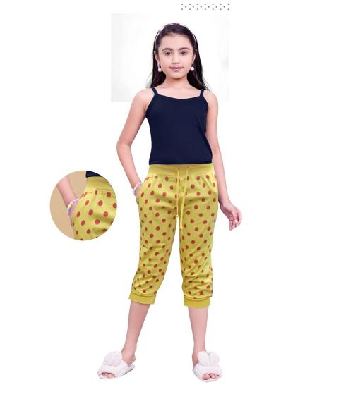 Little Funky 100% Pure cotton Polka printed pattern trendy 3/4th Capri pants Attractive yellow color for Cutiepie Girls