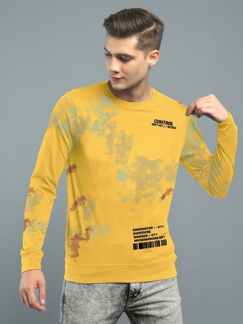 Jump Cuts Men's All Over Printed Round Neck FullSleeve Yellow and Black Cotton Tshirt