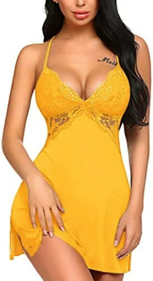 Arnoni Sexy and Comfortable Lace Babydoll Lingerie for Women, Baby Doll Honeymoon Lingerie for Women, Women Lingerie Satin Lace Chemise Nightgown, Babydoll Dress for Spacail Night Yellow (XXL)