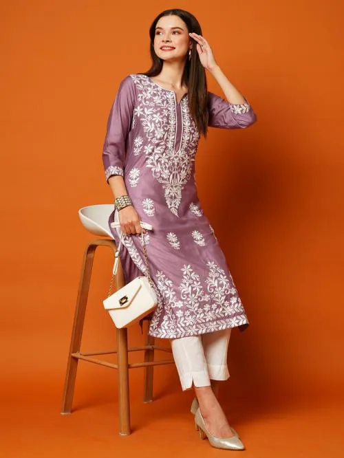Shubhisha Fashion Women's Purple Cotton Blend Embroidered Straight Kurta