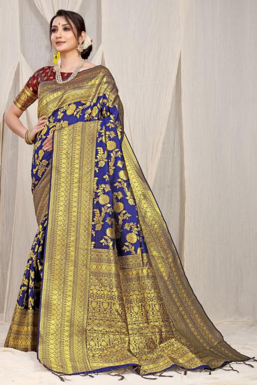 PatialaPicks Pure Silk Saree with Pure Gold Jari work with Running Blouse Blue