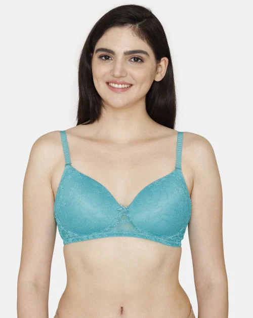 Zivame Beautiful Basics Padded Non Wired 3/4th Coverage Lace Bra - Spectra Green