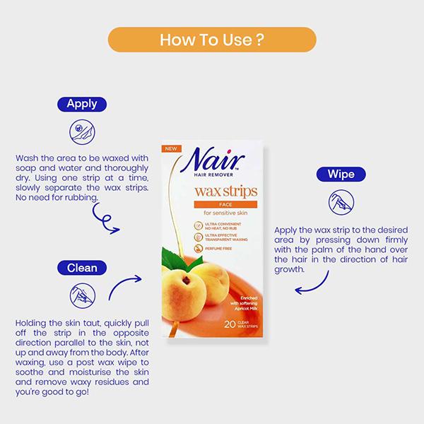 Nair Face Wax Strips for Sensitive Skin Apricot 20's JioMart