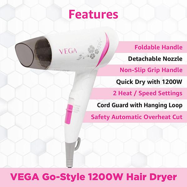 VEGA Go Style 1200w Hot & Cool Foldable Hair Dryer (VHDH-18) White 1 gm -  JioMart