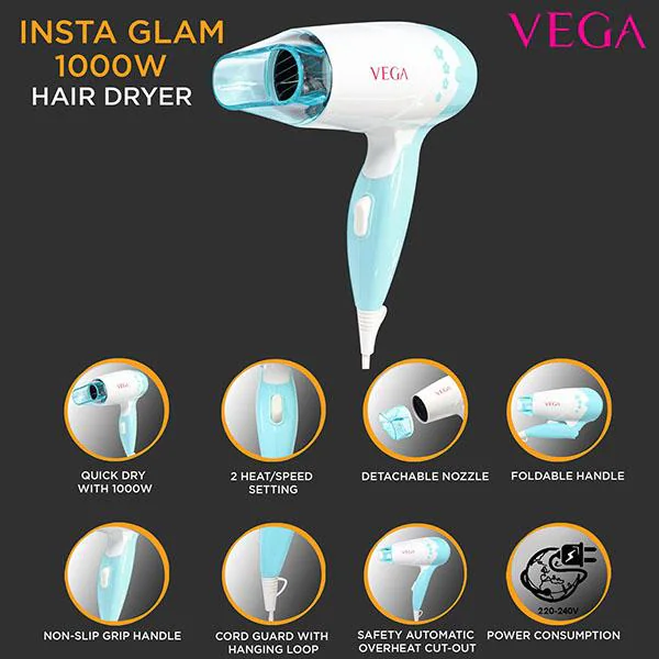 VEGA Insta Glam 1000w Foldable Hair Dryer (VHDH-20N) 1 gm - JioMart