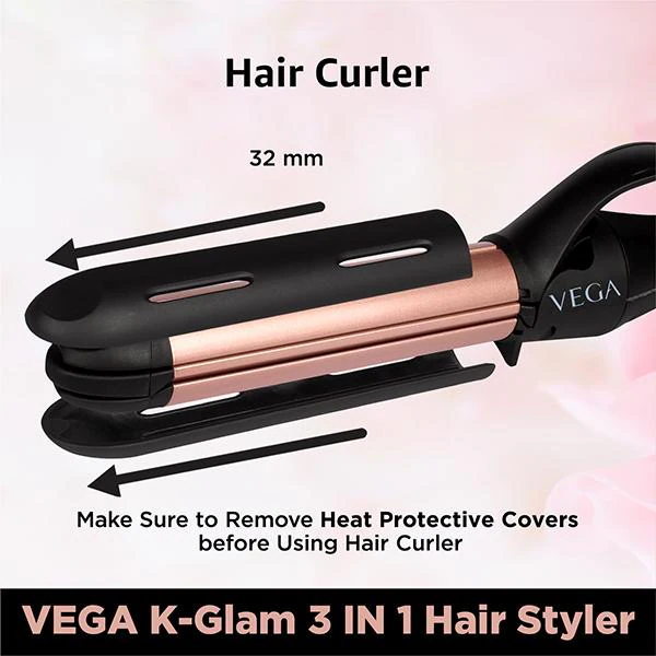 VEGA K-Glam 3 In 1 Hair Styler With Adjustable Temprature & Heat Protection  Covers- Straightener Curler & Crimper Rose Gold 1 gm - JioMart