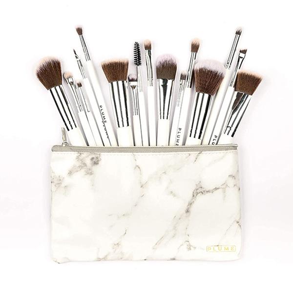 Plume Professional Makeup Brush Set Face and Eyes with Marbelicious Makeup Bag 16's JioMart
