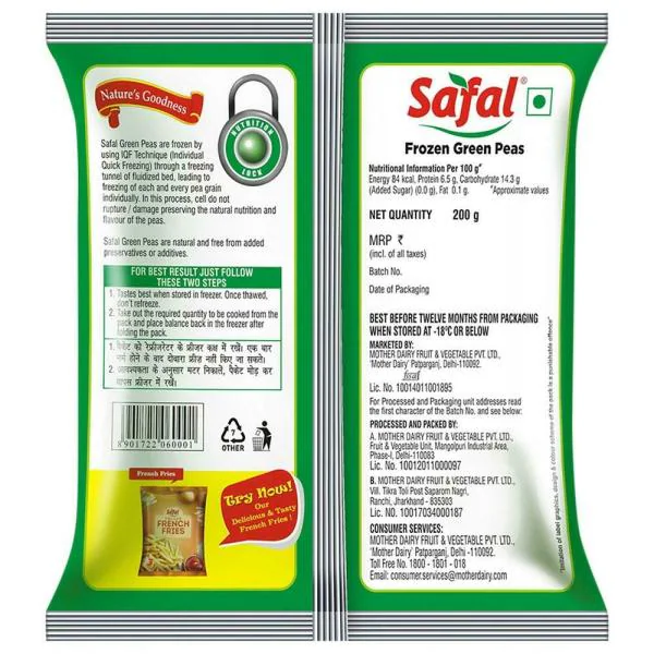 Safal Frozen Green Peas 200 g JioMart