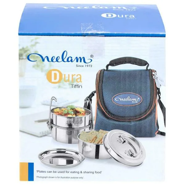 Neelam Dura Round Stainless Steel 3 Container Lunch Box 7 inch with Plate JioMart